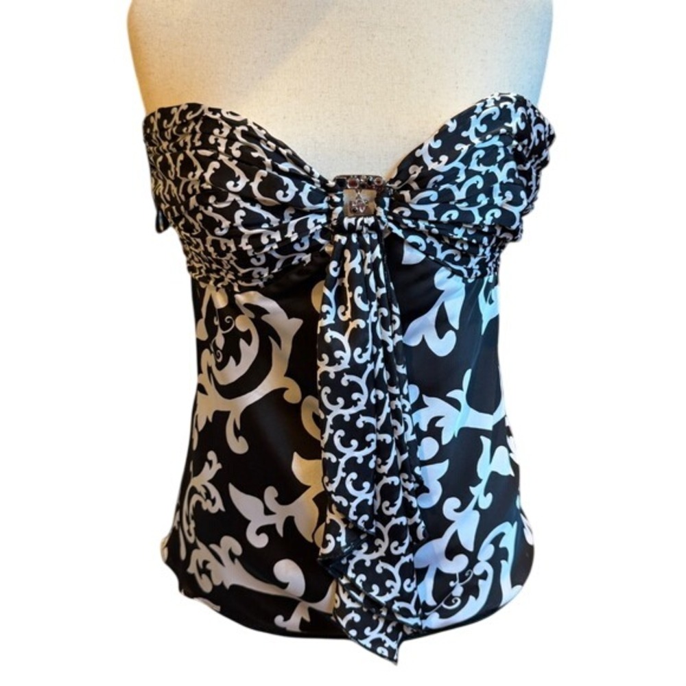 White House Black Market Black White Damask Strapless Jeweled Top Size 10